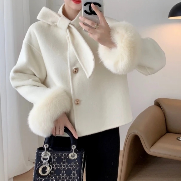 Jackets & Blazers - Real Natural Fox Fur Cuff Coat Ladies Outwear Female Coat Wool Luxury Jacket